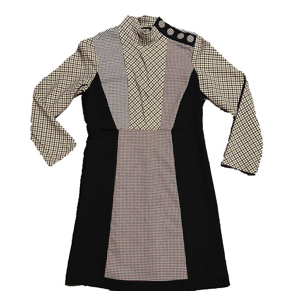 Zara Black and Cream Patterned Long Sleeve Dress Patchwork xs